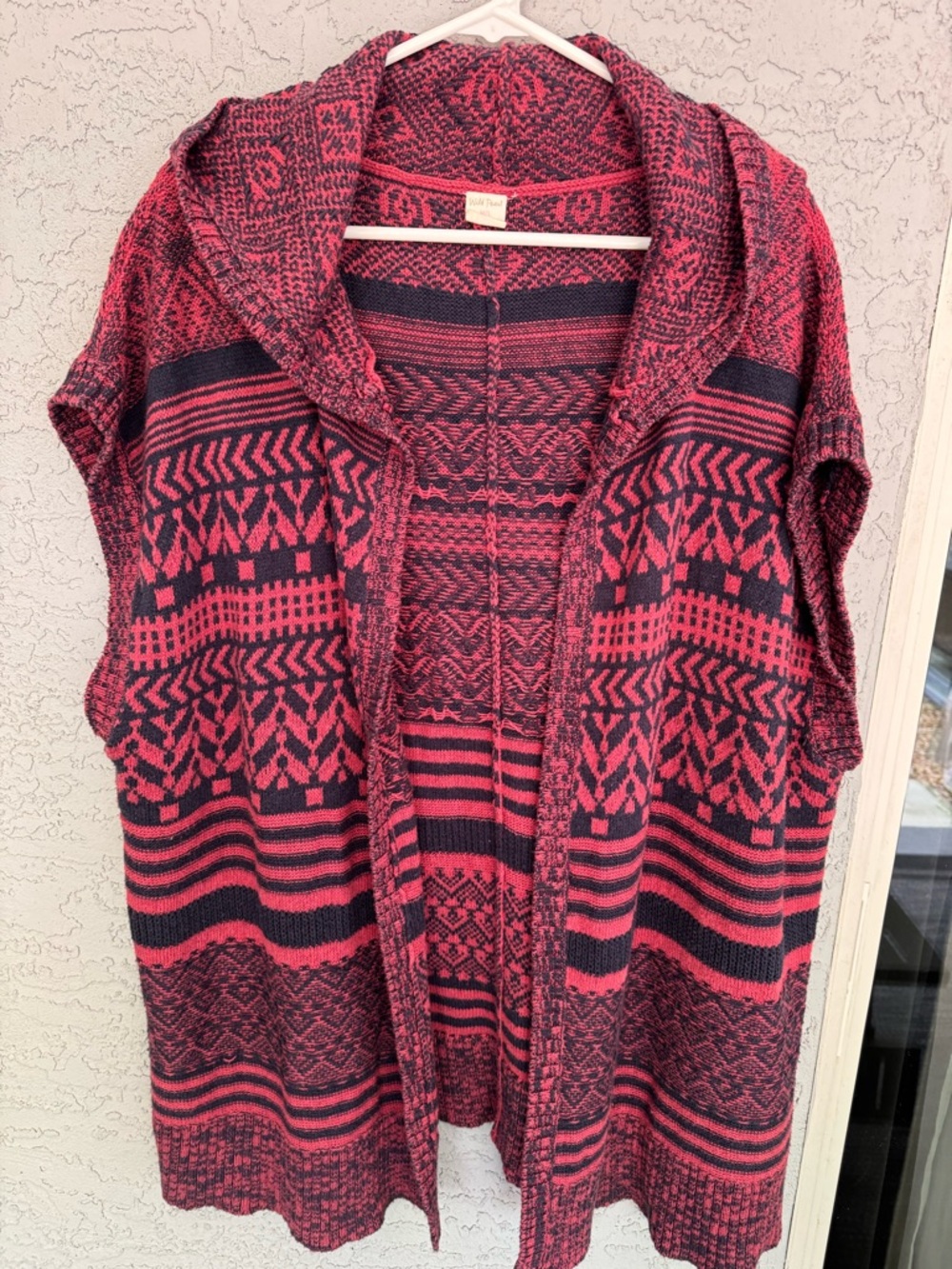 Open-Front Hooded Knit Cardigan Vest Raspberry and Blue